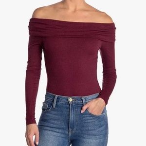 AFRM Nia Off The Shoulder Bodysuit S Ribbed Knit Long Sleeve Maroon